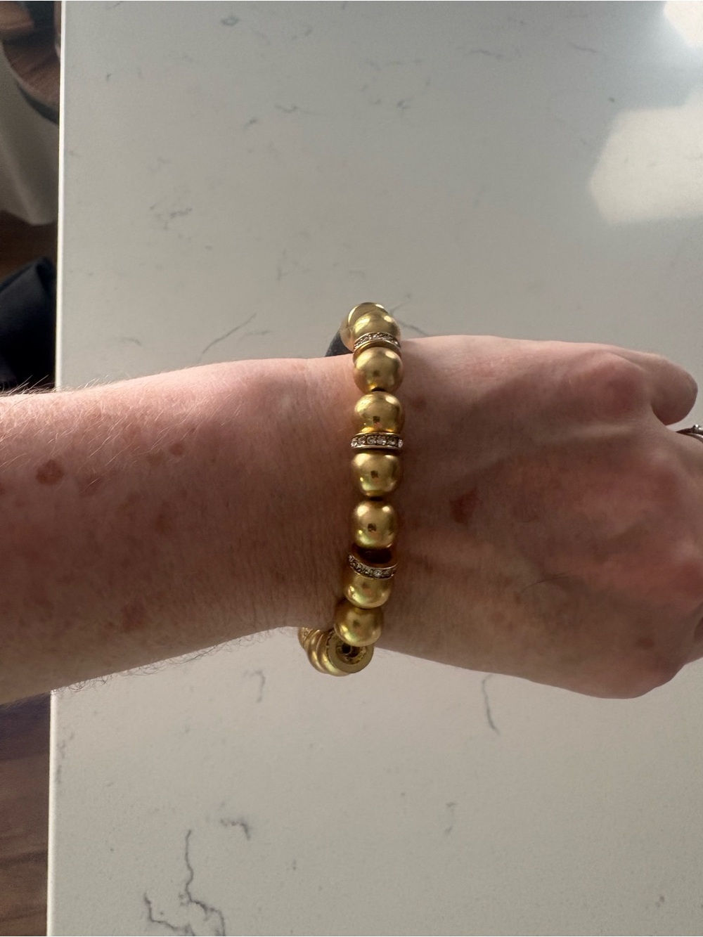 Gold Bead and Black Leather Stretch Bracelet